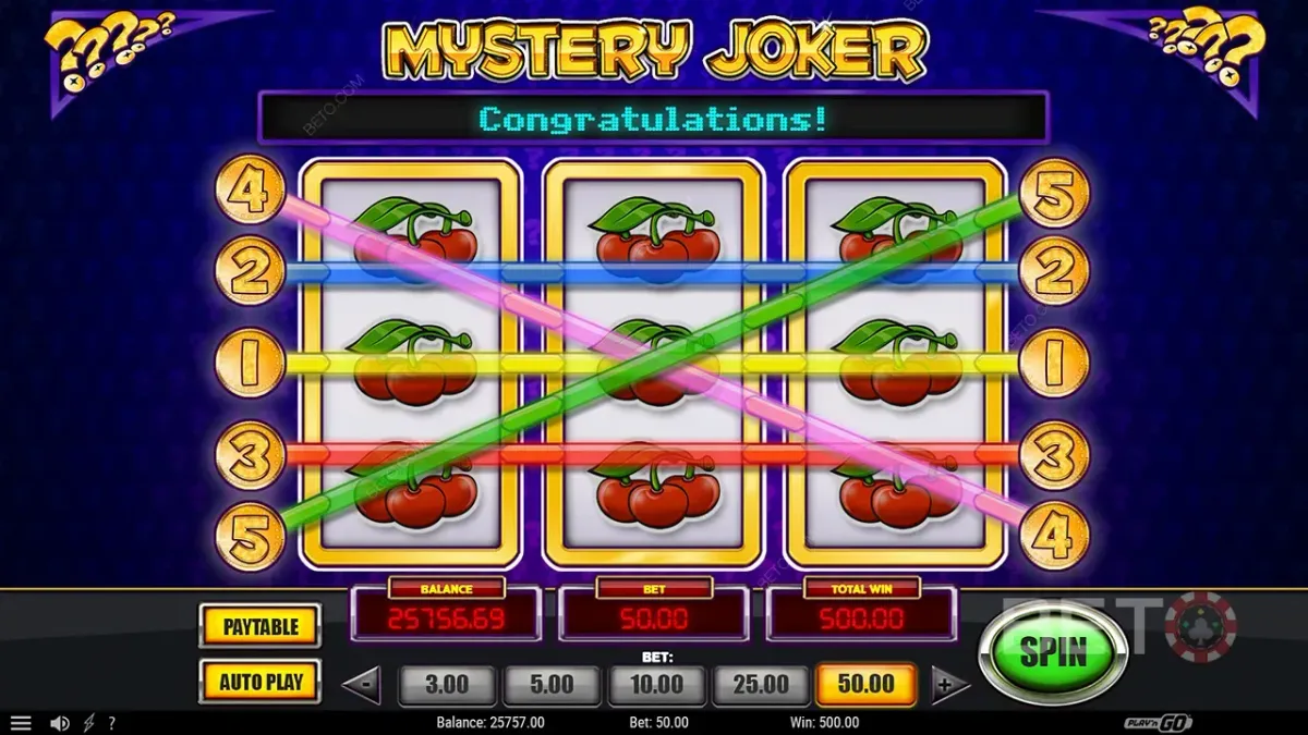 Mystery Joker Automat Mystery Joker, výhra třešní, gratulace