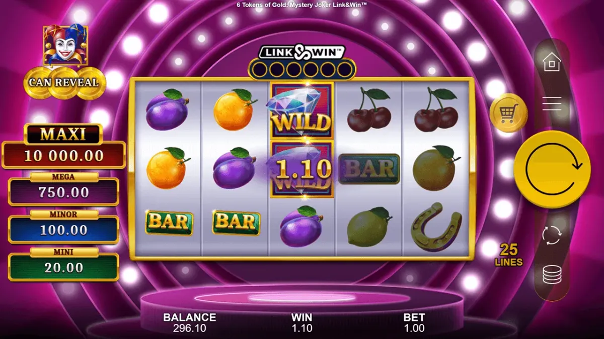 Mystery Joker Herní rozhraní hracího automatu s ovocnými symboly a žolíkem